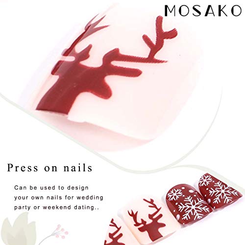 Mosako Crăciun Apăsați pe unghii scurte pătrat unghii false Red Fulg De Nea unghii false Glossy Full Cover unghii acrilice