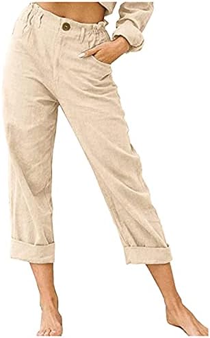 Pantaloni de lenjerie de bumbac pentru femei cu picior larg drept plajă casual Capri pantaloni de vară Pantaloni decupați cu