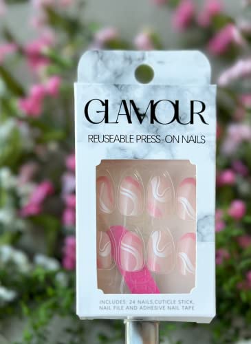 Glamour 24 buc-12 dimensiuni presă acrilică pe unghii scurt mediu, lipici de migdale pe unghii pentru femei curea reutilizabilă