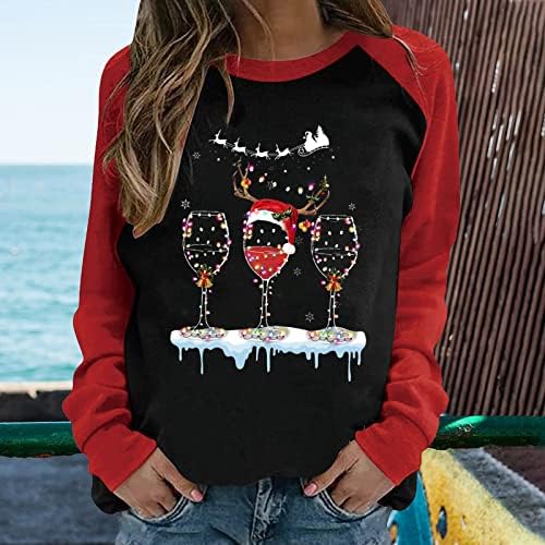 Femei de Crăciun Patchwork cămașă cu mânecă lungă drăguță elan amuzant imprimeu imprimeu de vin roșu vin de sticlă grafică