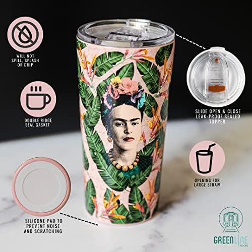 Greenline Goods Frida Kahlo pahar de călătorie izolat Floral – pahar de cafea din oțel inoxidabil triplu izolat de 20 oz cu