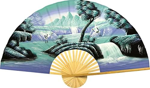 Macarale chinezești ventilator de perete pliabil gigant pictat manual artă decorativă de perete, pictură de peisaj acrilică originală realizată manual pe un cadru Natural din bambus pentru decorarea camerei de zi sau a dormitorului, Rustic, Boho