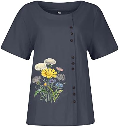 Femei casual cu mânecă scurtă cu mânecă de bumbac blaturi buton decorare echipaj gât vara imprimare solid tricou top tricou