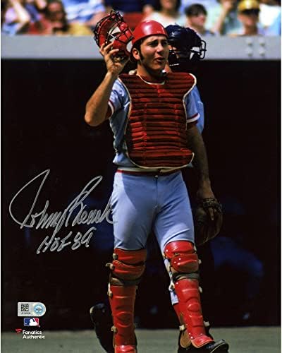 Johnny Bench Cincinnati Reds Autografat 8 X 10 în Catchers Gear Fotografie cu inscripția „HOF 89” - Fotografii MLB autografate