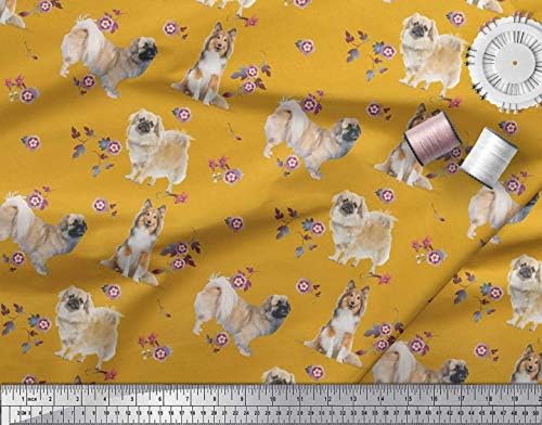 Soimoi bumbac Voile Fabric Floral, Sheltie & amp; Pekingese câine de imprimare Fabric de curte 42 Inch Wide
