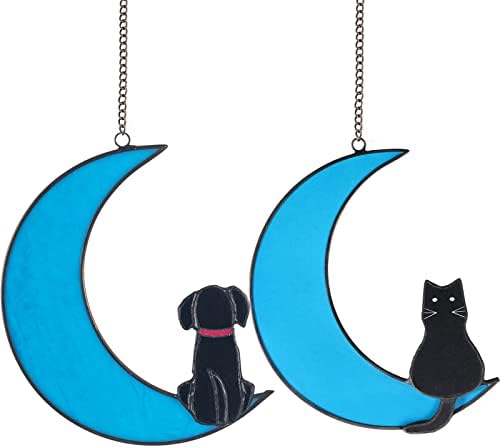 Opohaome câine pisică Memorial cadouri Suncatcher pisică neagră câine negru Decor pe luminos albastru luna vitralii fereastra