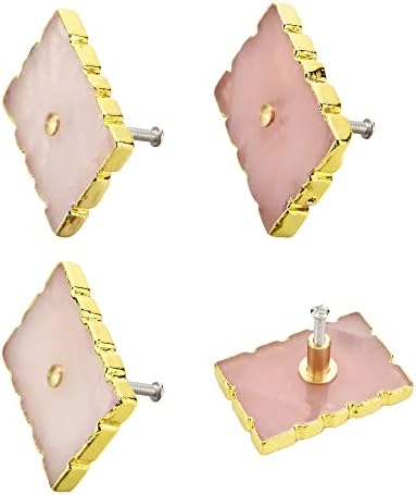Set WarmHut de 4 butoane de sertar din cristal de cuarț roz, sertar decorativ pătrat roz, cu margine placată cu aur, pentru