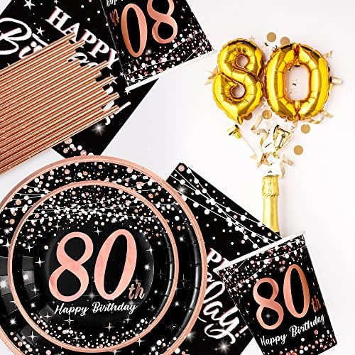 Decorațiuni de 80 de ani pentru femei-articole de ziua de naștere din aur roz farfurii și șervețele, cupe, paie, față de masă