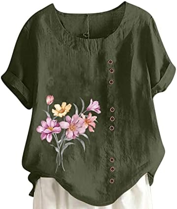 Bumbac lenjerie T-shirt pentru femei vara Plus Dimensiune Topuri florale imprimare maneca scurta buton Tees echipajul gât Bluze
