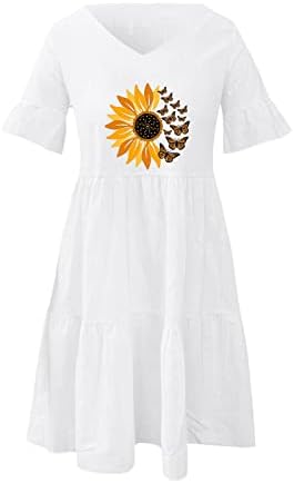 Femei vara mini rochii floarea-soarelui imprimare Zburli Maneca Sundress V gât Casual Flowy plaja rochii cu buzunare