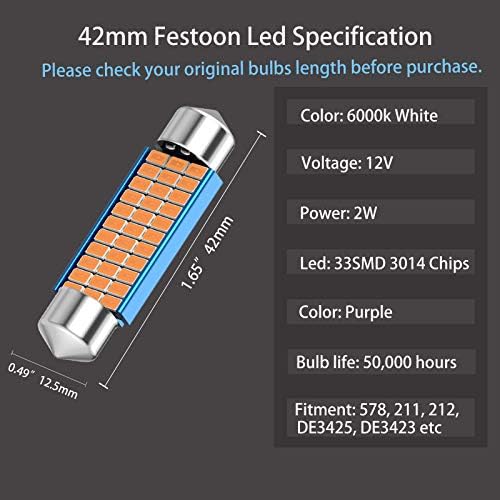Cato-WDJ 578 LED Festoon bec, 42mm 41mm 1.65 Inch Festoon De3425 DE3423 211-2 LED, 12V 33smd Violet Lumina 42mm Festoon Becuri