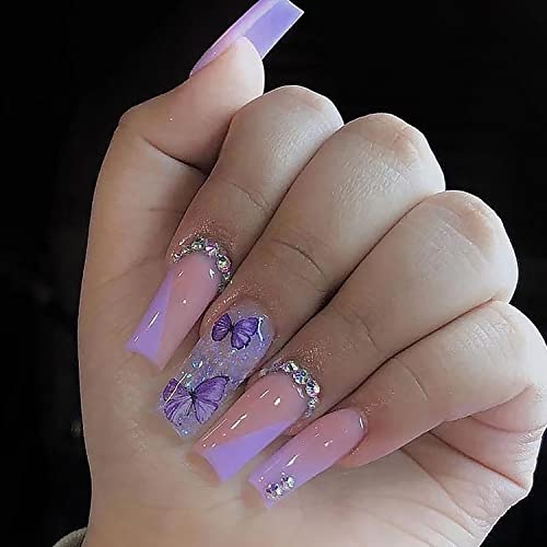 Apăsați pe unghii sicriu lung Violet vârf francez unghii false Gradient roz acoperire completă unghii False cu modele fluture
