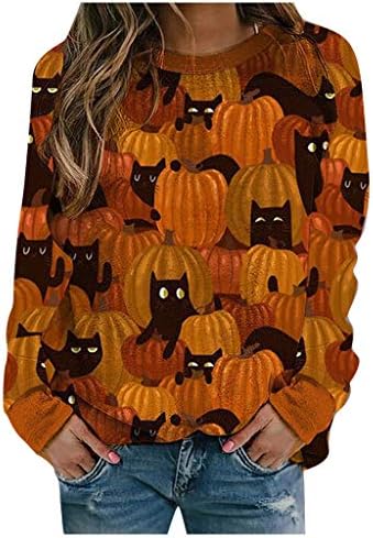 Hanolă de dovleac de Halloween pentru femei Casual Cwingneck cu mânecă lungă Blaturi Grafică cămăși Grafică pentru pisici supradimensionate