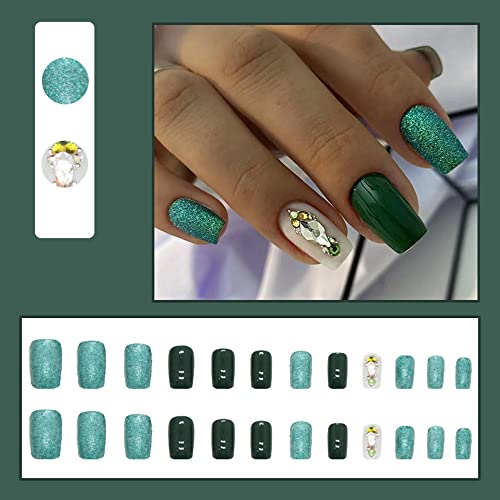 24 buc pătrat apăsați pe unghii Mediu fals unghii verde sclipici Stick pe unghii acrilice diamant design unghii False cu vara