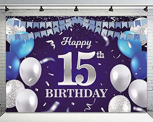 Happy 15th Birthday Banner fundal Bleumarin baloane Confetti Stripe Flag Light Spoturi noroc la 15 ani tema decoratiuni Decor