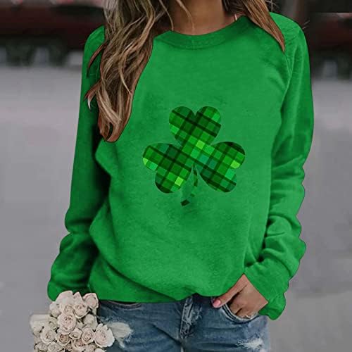 IIUS Green Saint Patrick's Day Tricouri pentru femei cu mânecă lungă o Pulvențială pentru gât Green Four Leaf Clover pulover