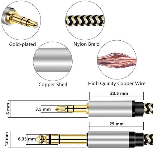 Cablu audio de la 3,5 mm până la 6,35 mm 12ft, terminal cu aur argintiu, carcasă din aliaj de zinc de zinc de 3,5 mm 1/8 masculin