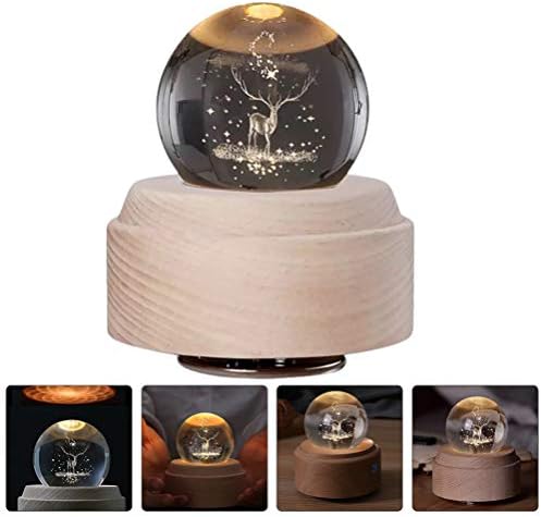 BESPORTBLE DE CRĂCIUN DE CRĂCIUN 3D Crystal Music Box Night Light cu bază de lemn Model de elan rotativ Globuri de zăpadă Globuri