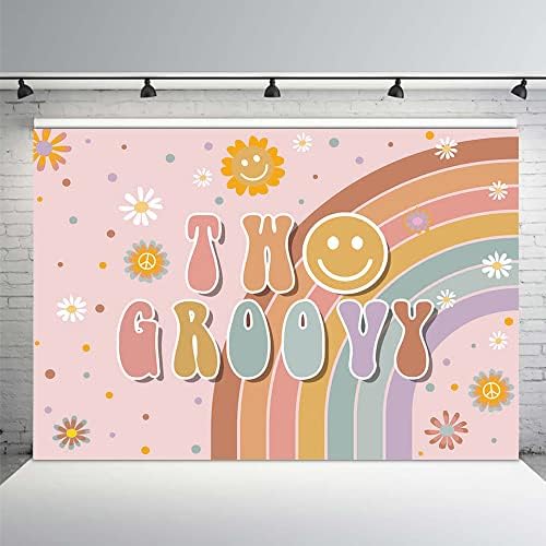 Mehofond 8x6ft Two Groovy Backdrop Rainbow Hippie Girl 2nd Birthday Party Decoration Peace Love 70s Flower Daisy Background