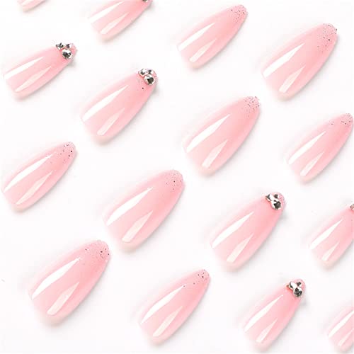 24pcs Franceză strasuri roz Unghii False Full Cover migdale scurt presa pe unghii cu lipici pentru femei și fete Nail Art Manichiura Decor