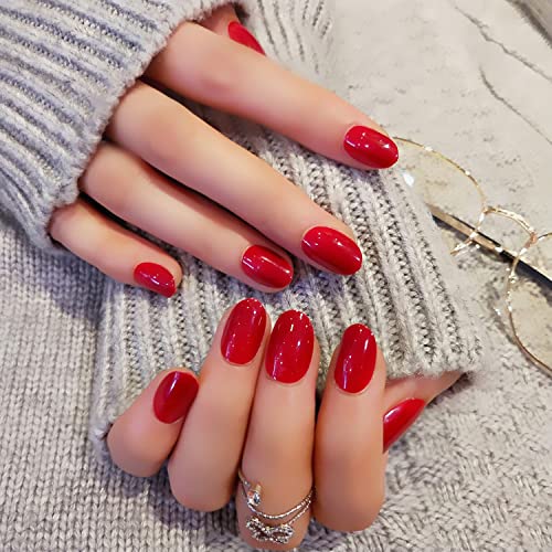 24 buc presă roșie pe unghii Mediu, lipici în formă de migdale pe unghii pentru femei, unghii false medii cu modele cu cap rotund