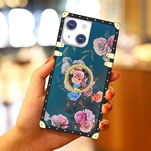 iPhone 14 pătrat pentru femei cu suport pentru suport floral floral lux elegant moale tpu tpu protector metal de protecție