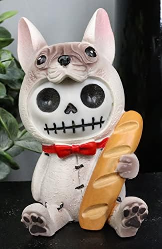 Oase de bldog francez ebros cu pâine de baguette și papion roșu figurină de 3 înaltă blană înaltă schelet statuie de colecție
