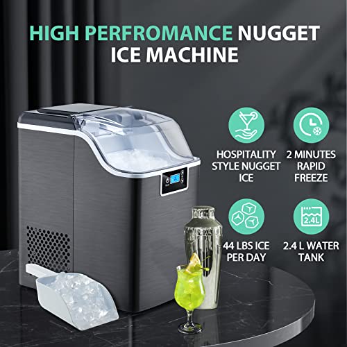 Producător de gheață Nugget cu gheață moale și masticabilă, 44 lbs/24 de ore portabile pelete de pelete blat de gheață, 2 minute