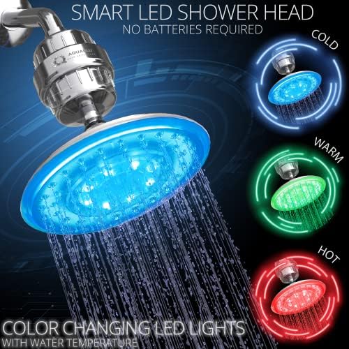 Cap de duș Aquablu - LED -ul care schimbă culoarea, mare de 8 ”cu filtru de duș de înaltă presiune și greu, cap de duș filtrat