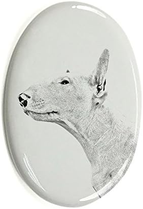 Bullterrier, piatră funerară ovală din plăci ceramice cu imaginea unui câine
