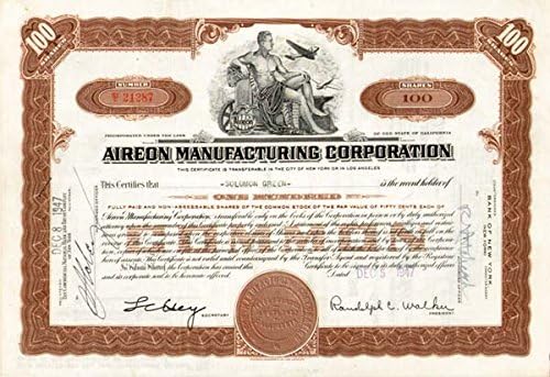 Aireon Manufacturing Corporation-Certificat De Stoc