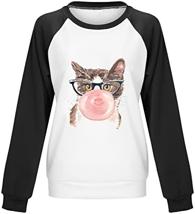 Femei pentru pisici pentru pisici cu mânecă lungă Crewneck liber Fit Pullover Tricou Casual Raglan Tricou Tunică grafică pentru