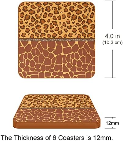 Coaste pentru băuturi, set de coaster din piele de 6, model de leopard Animal african, coaste pentru cupe decor de bucătărie