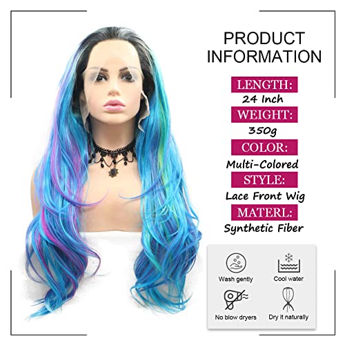 Kalisa lung ondulat colorate dantela fata peruca sintetic Violet Albastru Verde Galben cu întuneric rădăcină gratuit parte