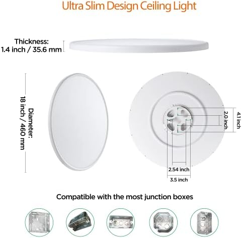 Taloya telecomandă Flush Mount LED Plafonieră, corp de iluminat rotund plat 18 inch 40W, 3000~6500K lumină albă + 2000K ambianță lumină de noapte pentru dormitor,cu funcție de memorie