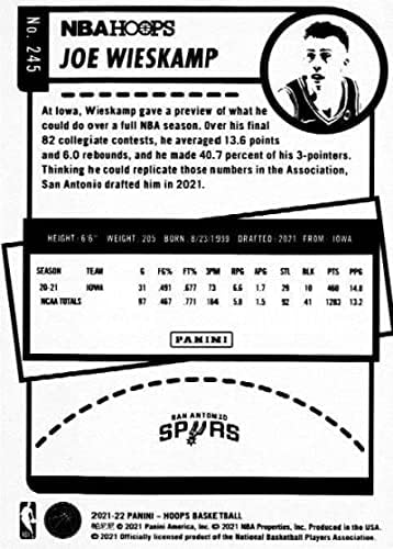 2021-22 Panini Hoops 245 Joe Wieskamp RC Rookie San Antonio Spurs NBA Basketball Trading Card