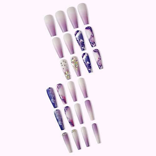 Lpooddnu Long Purple Nails Press on Violet Fake Nails cu strasuri cu unghii acrilice de sicriu lung acoperire completă unghii