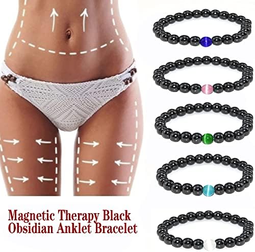 INENIMARTJ BLACK Obsidian Anklet pentru femei pentru bărbați, 2pcs Brățară reglabilă Brățări Opal Crystal Yoga Beads