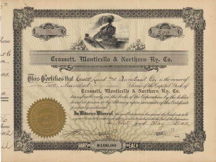 Crossett, Monticello și Ry de Nord. Co. - Certificat De Stoc