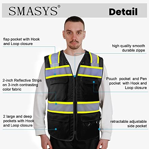 Vestă de siguranță de înaltă vizibilitate SMASYS cu 5 buzunare, dungi reflectorizante siguranță vestă tricotată vestă de construcție