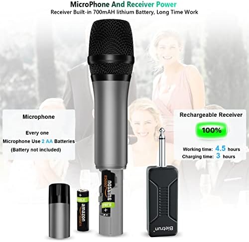 Microfon fără fir, Bietrun UHF Metal Dual Handheld fără fir sistem de microfon dinamic cu receptor reîncărcabil, ieșire 1/4,
