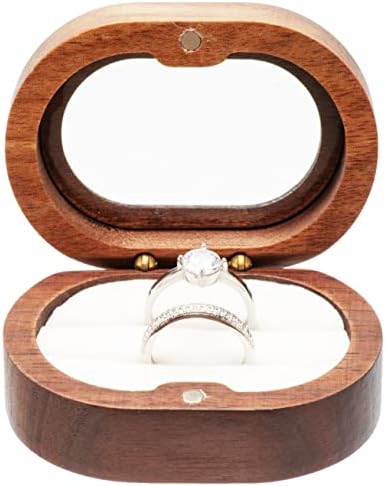 Cosiso Oval Oval Small Walnut Cutie de inel din lemn pentru 2 inele, suport pentru inel pentru ceremonie de nuntă de logodnă