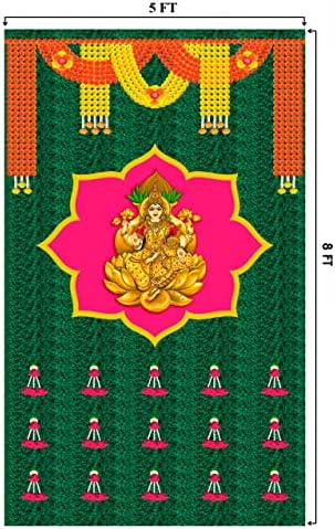 SATVIK 8x5ft. Fundal din țesătură pentru Pooja Pujan Decor Lakshmi / Laxmi Idol ghirlandă de gălbenele imprimare pânză indiană