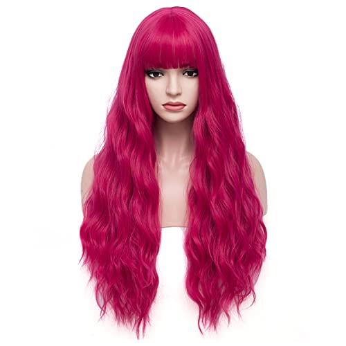 MAGQOO Hot roz peruca Magenta peruca cu breton lung cret ondulat Neon roz Peruci de par pentru femei Fete peruca Cap incluse
