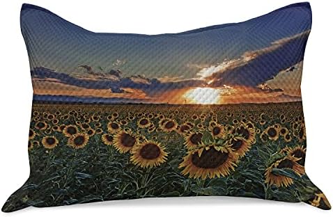 Amembesonne Denver Kned Quilt Pillowcover, modelul scenei de peisaj din viața reală într -un câmp de floarea soarelui Sunset