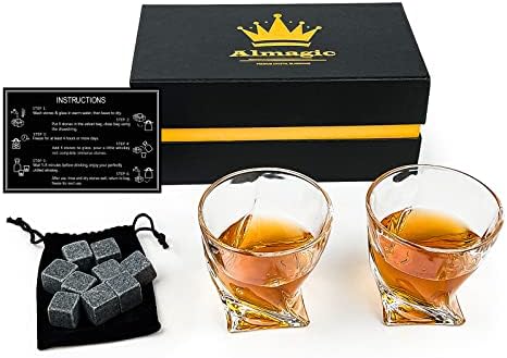 Set cadou Almagic whiskey-pachet de 2, 12 oz pahare de whisky cu 9 pietre de whisky & amp; Geantă de catifea, cuburi de gheață