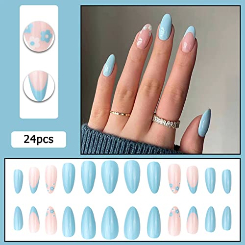 Folmywy Press on Nails Fake Manicure Artificial Fals Fals Falsernil Almond Franceză Designuri Glossy Daisy Flori Ongles Femei