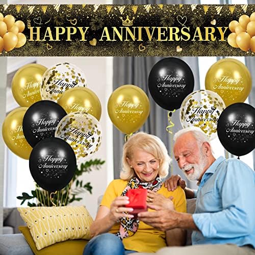 Decor de aniversare a nunții din Aur Negru, Banner de Curte de aniversare fericită din aur negru și baloane de Latex de aniversare