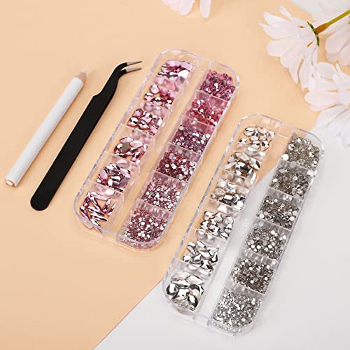 Pink Clear Nail Art Richstones Face Jewels Nail Gems Stones Kit+8000pcs Mini 1,2 mm R onsiesturi Nisip Diamante cu unghii Micro Pixie Cristale pentru unghii-Pickup Tweezers/Pen-ul de ceară/Tavă de unghii Hinabtru