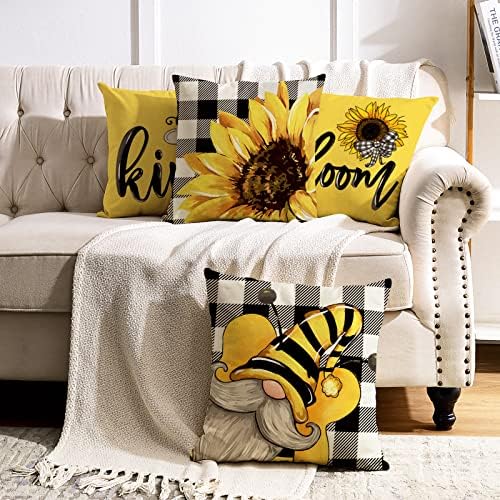 Anydesign Summer Pillow Cover Floarea soarelui Bee Decorativ Aruncare Cazuri Buffalo Bivolare Buflaj Bee Gnome Floral Bloom